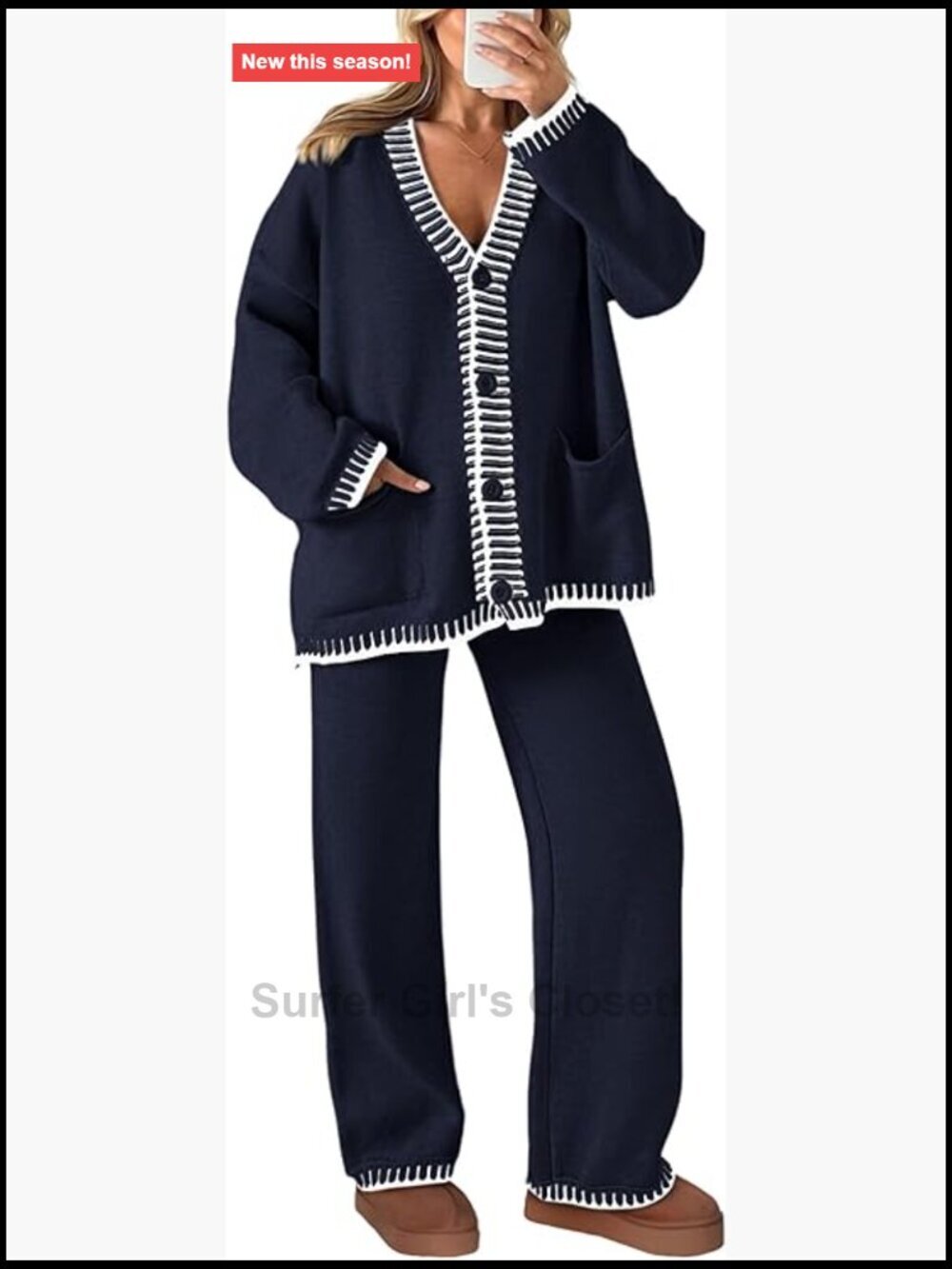 2 Piece Lounge Set Cardigan Wide Leg Pants Knit Sweater Set